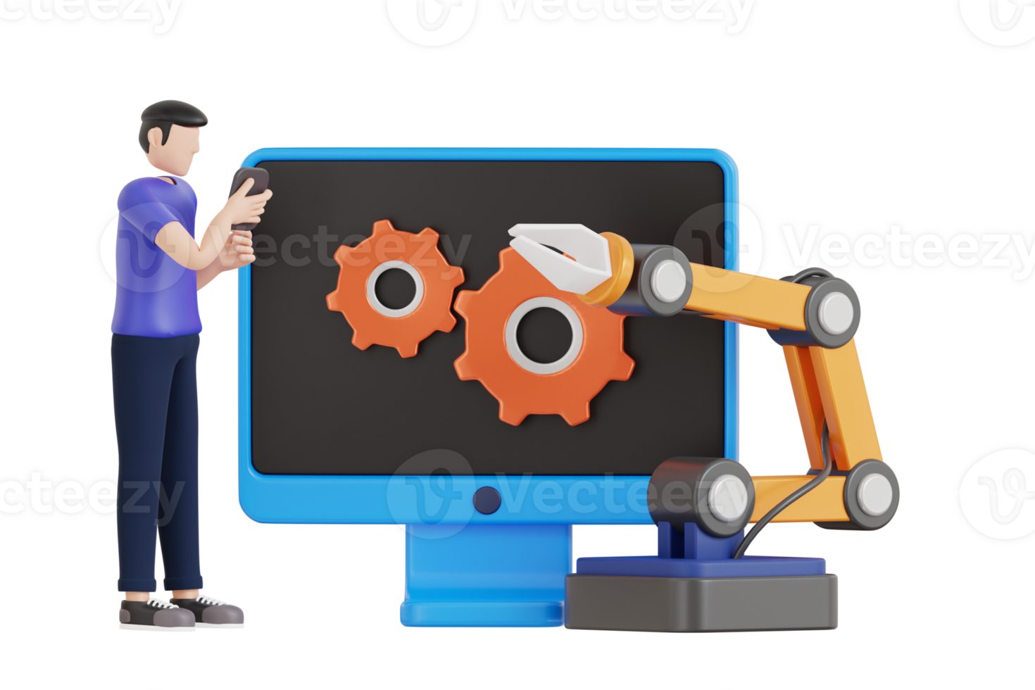 3d illustration of robot arm is being inspected and controlled by a robotic engineer. Industrial Manufacturing Robotic Arms Maintaining 3D Illustration png