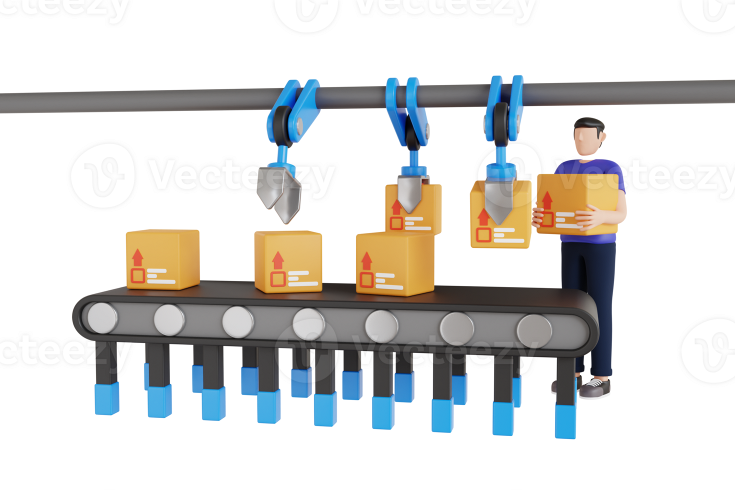 Cardboard boxes on conveyor belt in factory 3d illustration. 3D Illustration of Box on Automatic Mechanical Packing Conveyor Line png