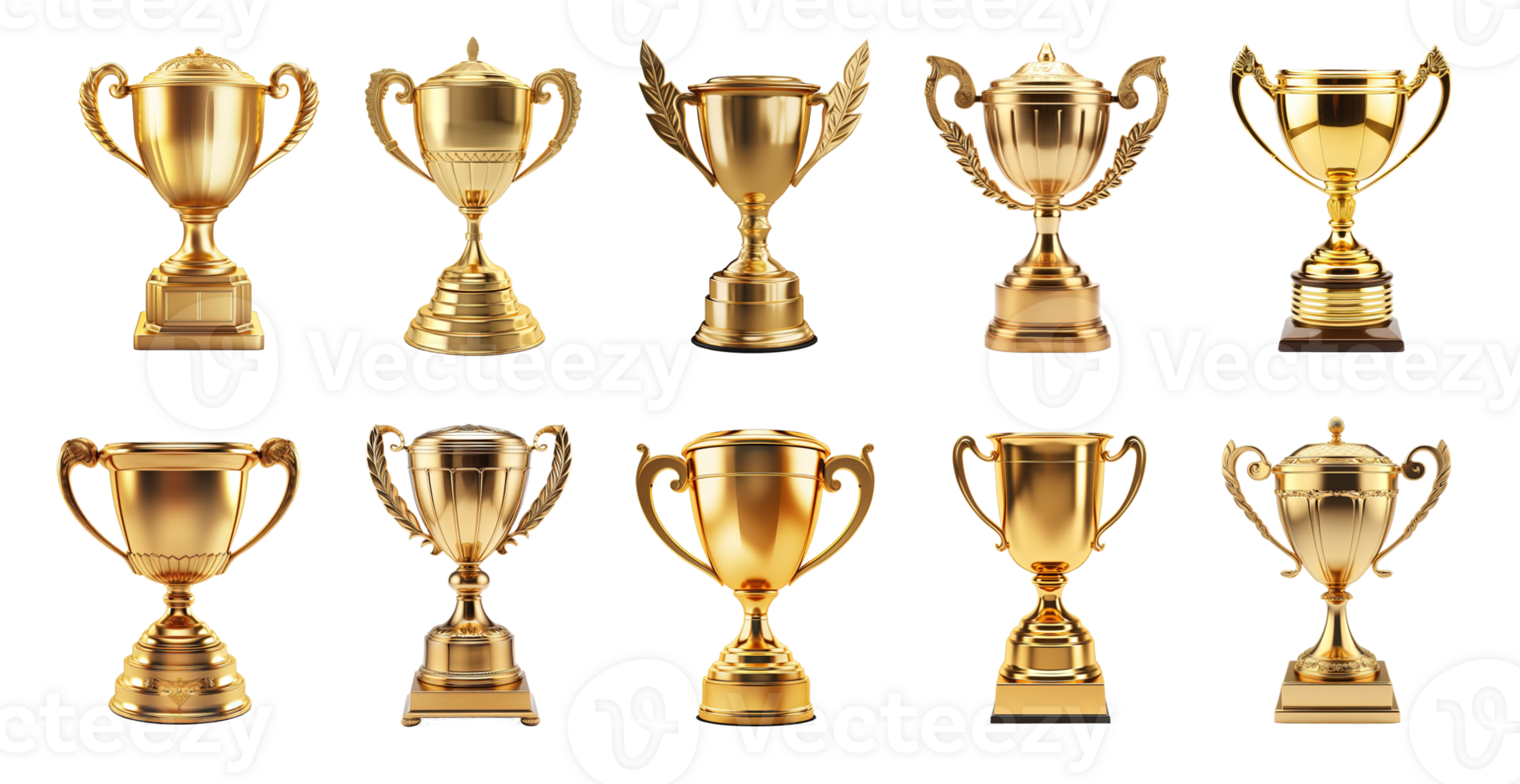 AI generated Generative AI, PNG set of 10 trophy cup. Champion trophy, shiny golden cup, sport award. Winner prize