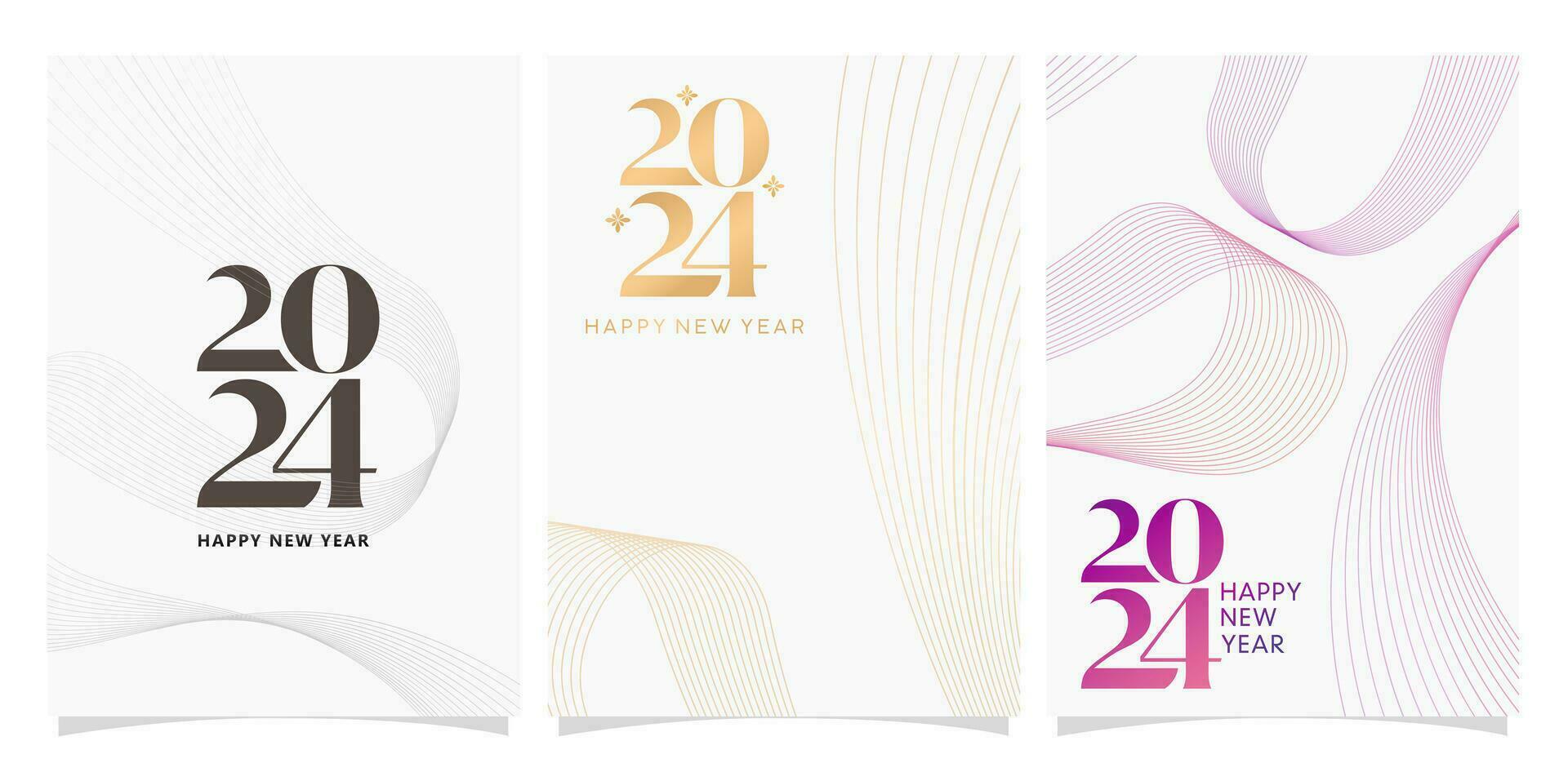 three banners models designs with lines the numbers 2024 isolated backgrounds for New Year calendar, covering, social media header, greeting cards, screen printing, catalogue booklet, magazine covers vector