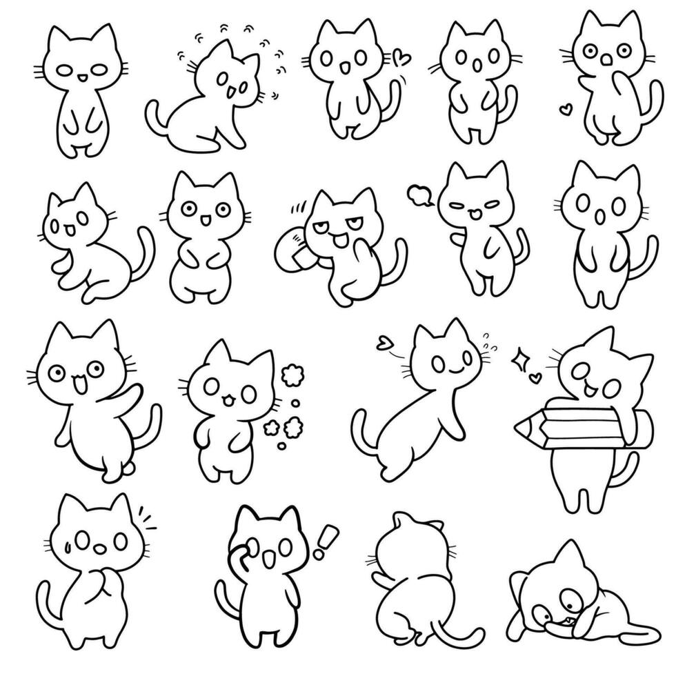 Simple Cute cartoon graffiti.  Line art. Little kitten. Hand drawn cute black line drawing . Various gestures and expressions vector