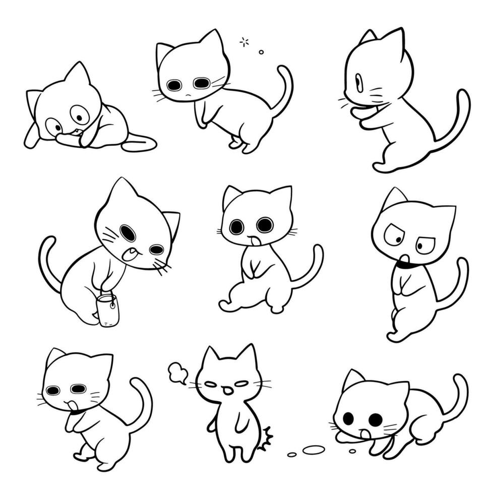 Simple Cute cartoon graffiti.  Line art. Little kitten. Hand drawn cute black line drawing . Various gestures and expressions vector