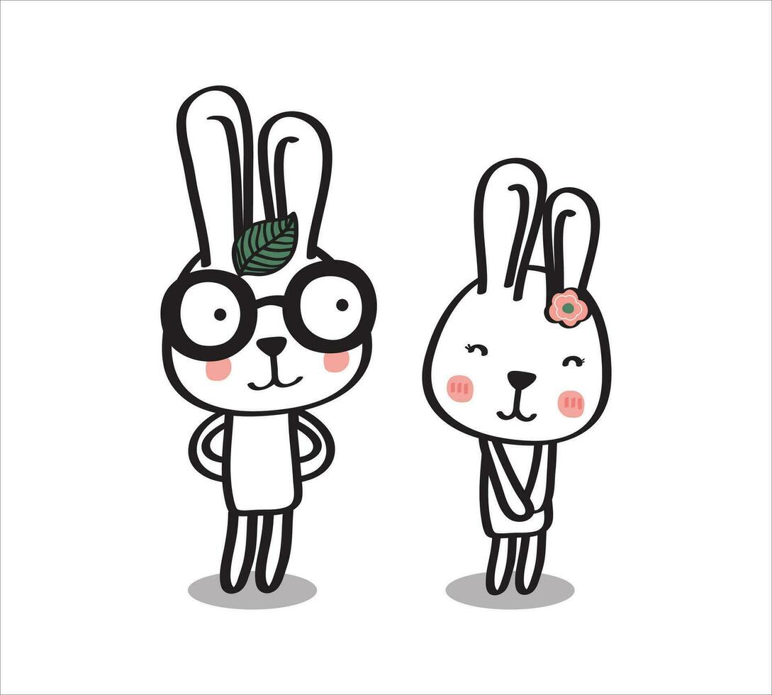 Set of sweet and cute white bunny rabbits boy and girl. Rabbit cartoon vector collection.