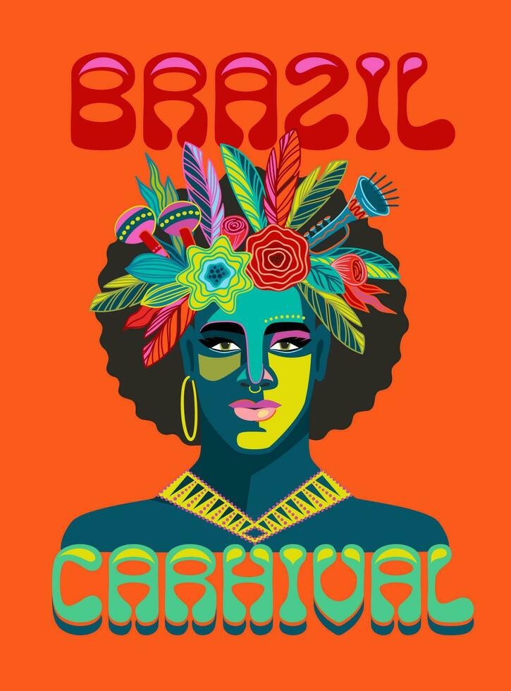 Poster with portrait of man in brazil carnival outfit. Vector abstract illustration. Design for carnival concept and other use