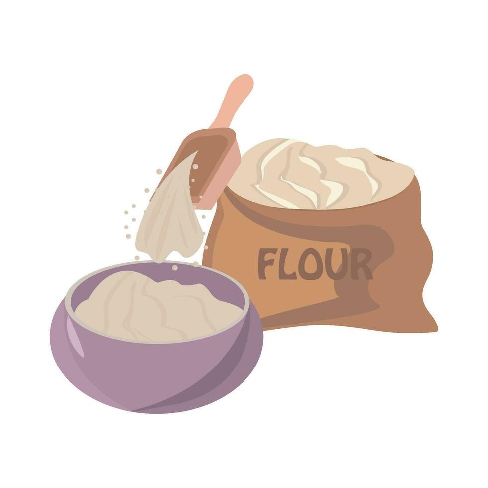 flour bag with flour in bowl illustration vector