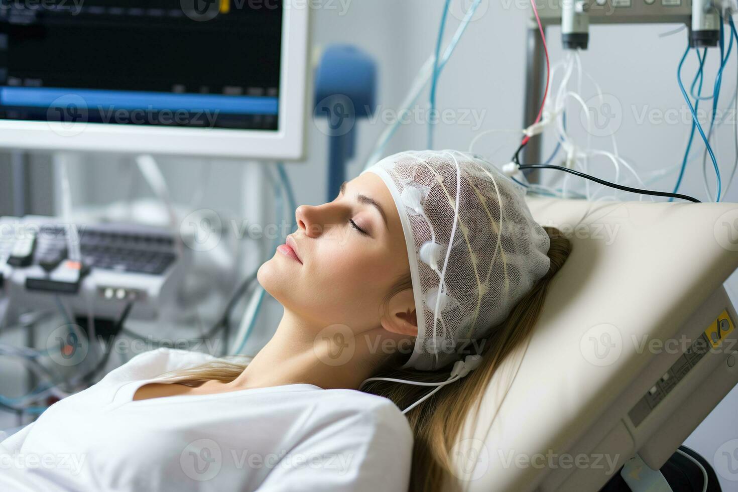 AI generated A young caucasian female patient undergoing EEG examination. Generative AI. photo