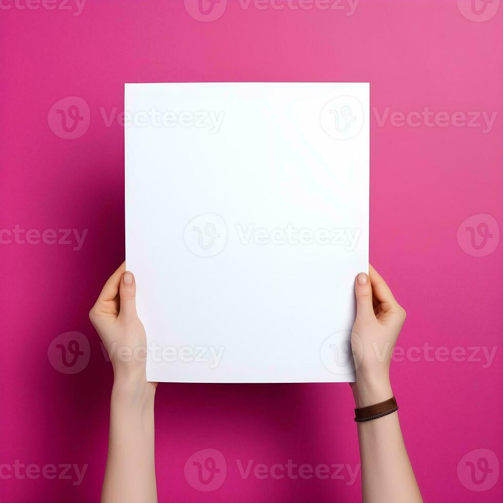 AI generated Hands Presenting a Blank White Poster on Purple Background photo