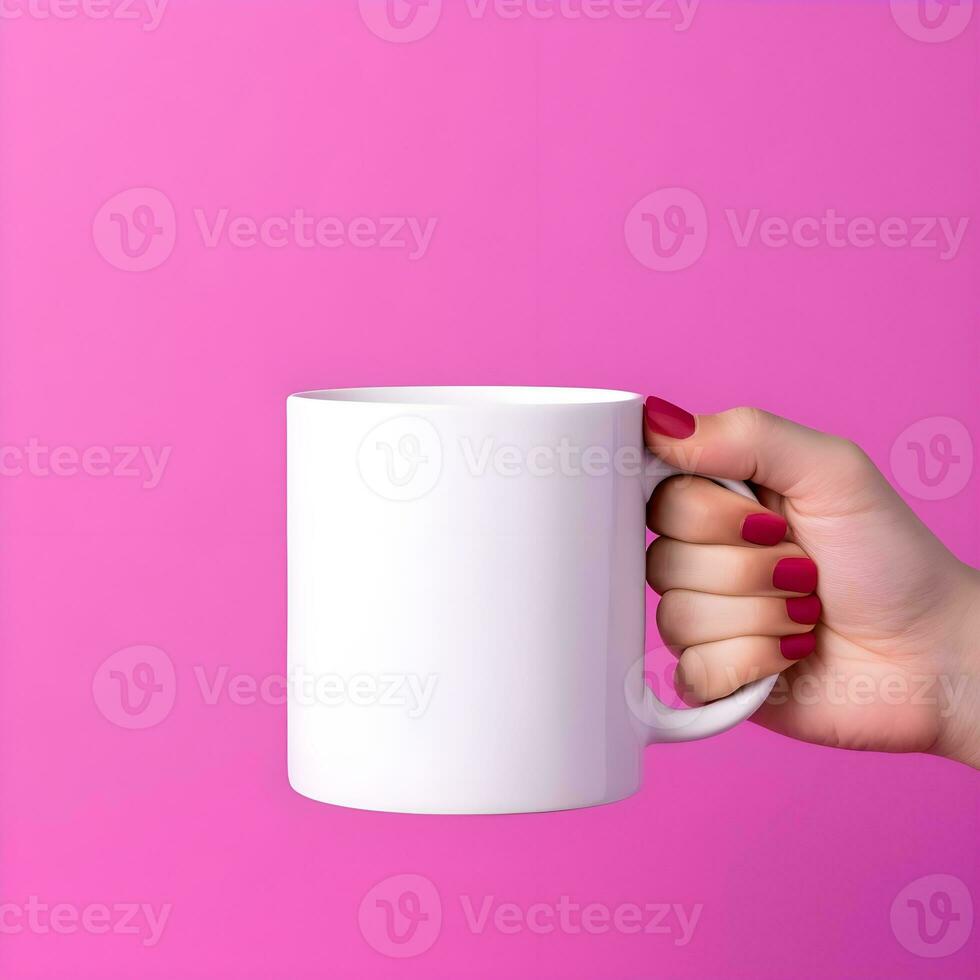 AI generated Hand Holding Blank White Mug on Purple Background photo