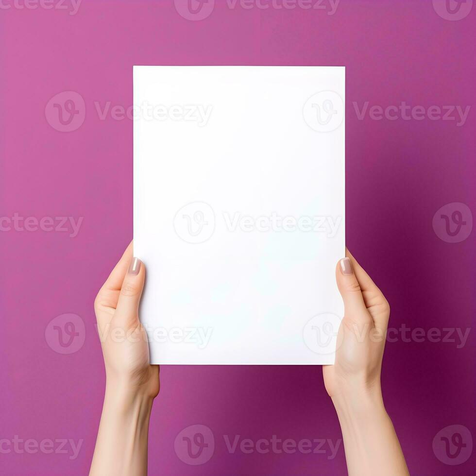 AI generated Hands Presenting a Blank White Poster on Purple Background photo