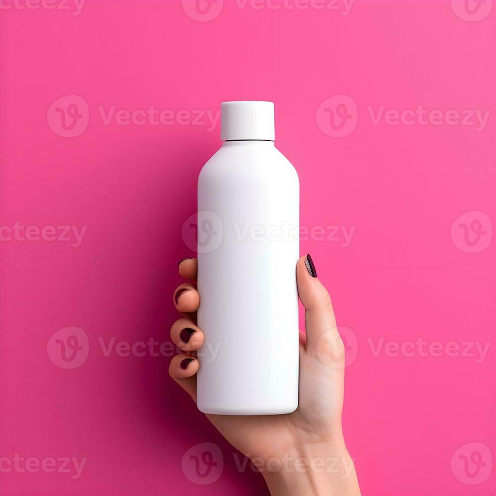 AI generated Hand Holding a Blank White Bottle on Pink Background photo