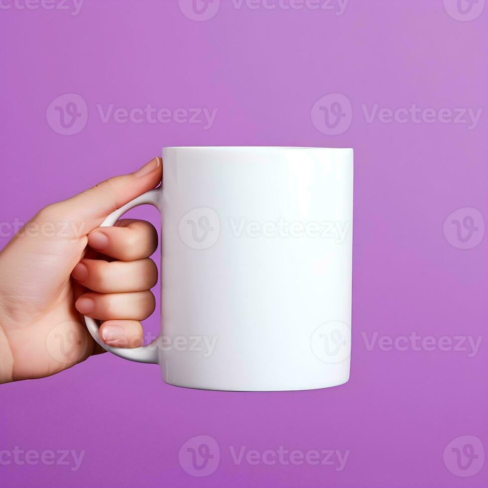 AI generated Hand Holding Blank White Mug on Purple Background photo