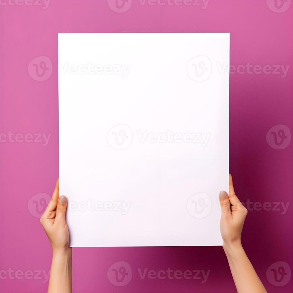 AI generated Hands Presenting a Blank White Poster on Purple Background photo