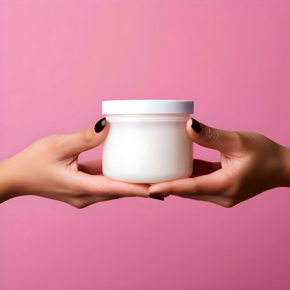 AI generated Hands Presenting a Blank White Cosmetic Jar on Pink Background photo
