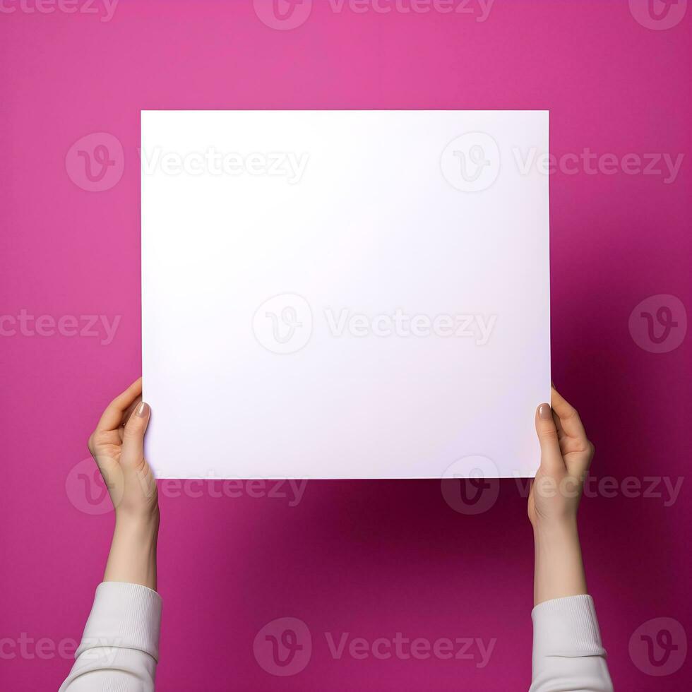 AI generated Hands Presenting a Blank White Poster on Purple Background photo