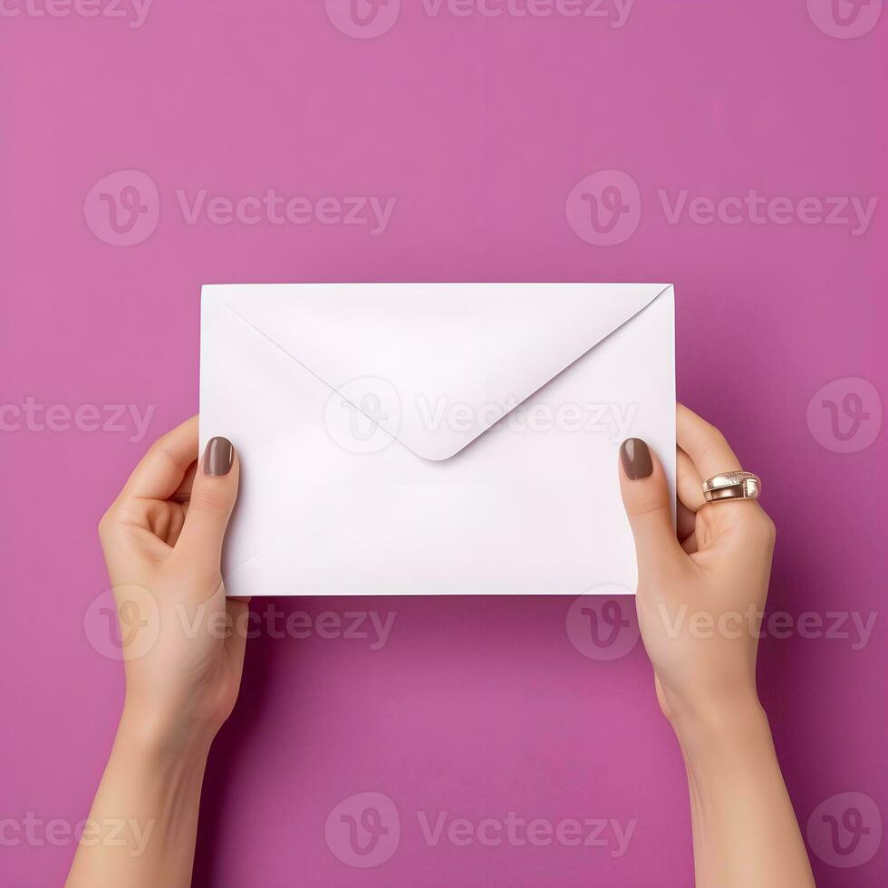 AI generated Hands Holding a Blank White Envelope on Pink Background photo