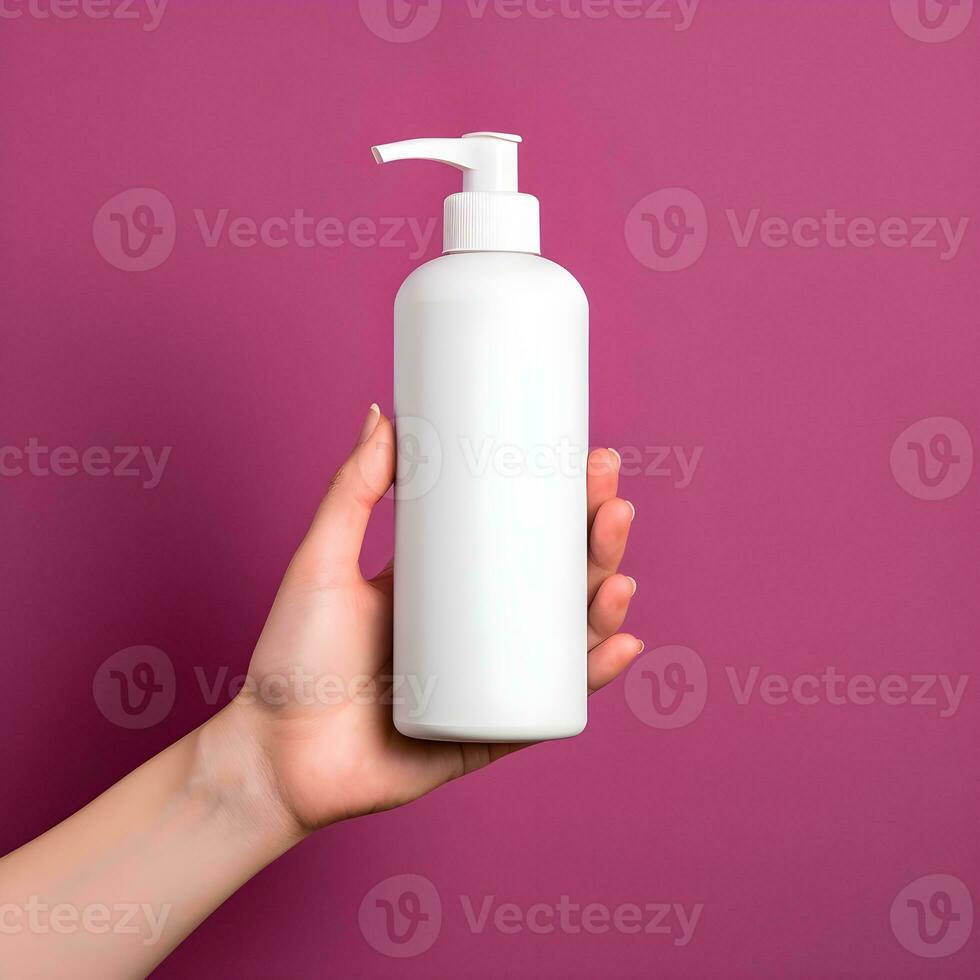 AI generated Hand Holding a Blank White Lotion Dispenser Bottle on Purple Background photo