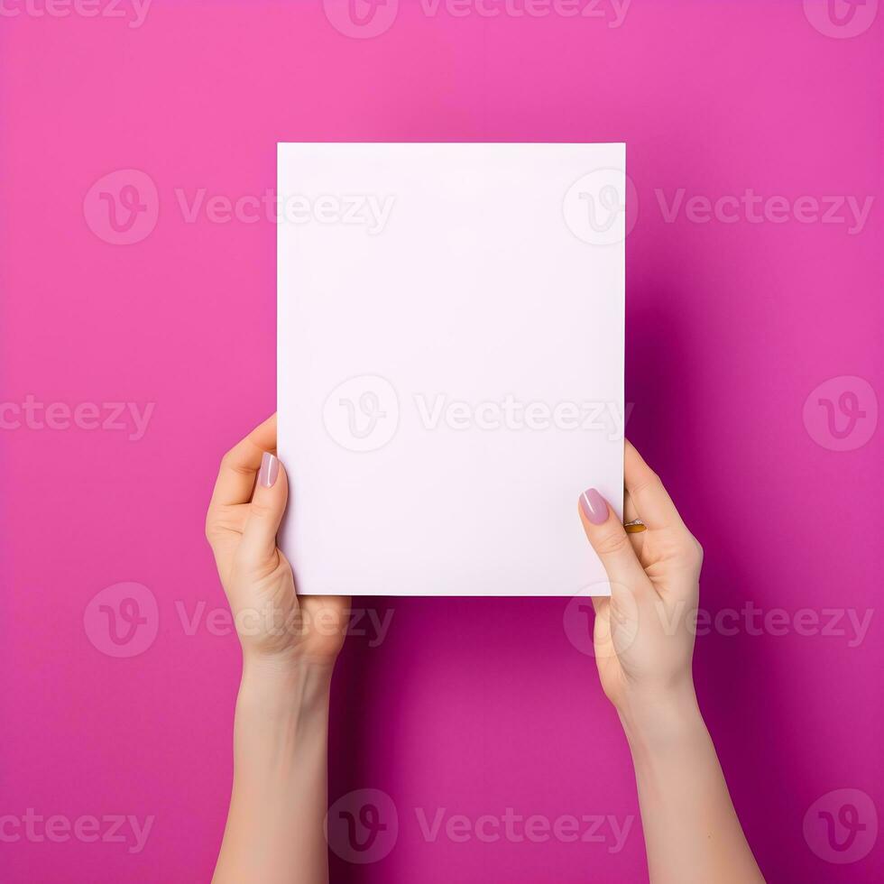 AI generated Hands Presenting a Blank White Poster on Purple Background photo