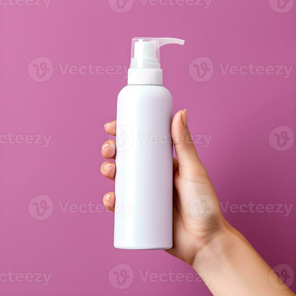 AI generated Hand Holding a Blank White Lotion Dispenser Bottle on Purple Background photo