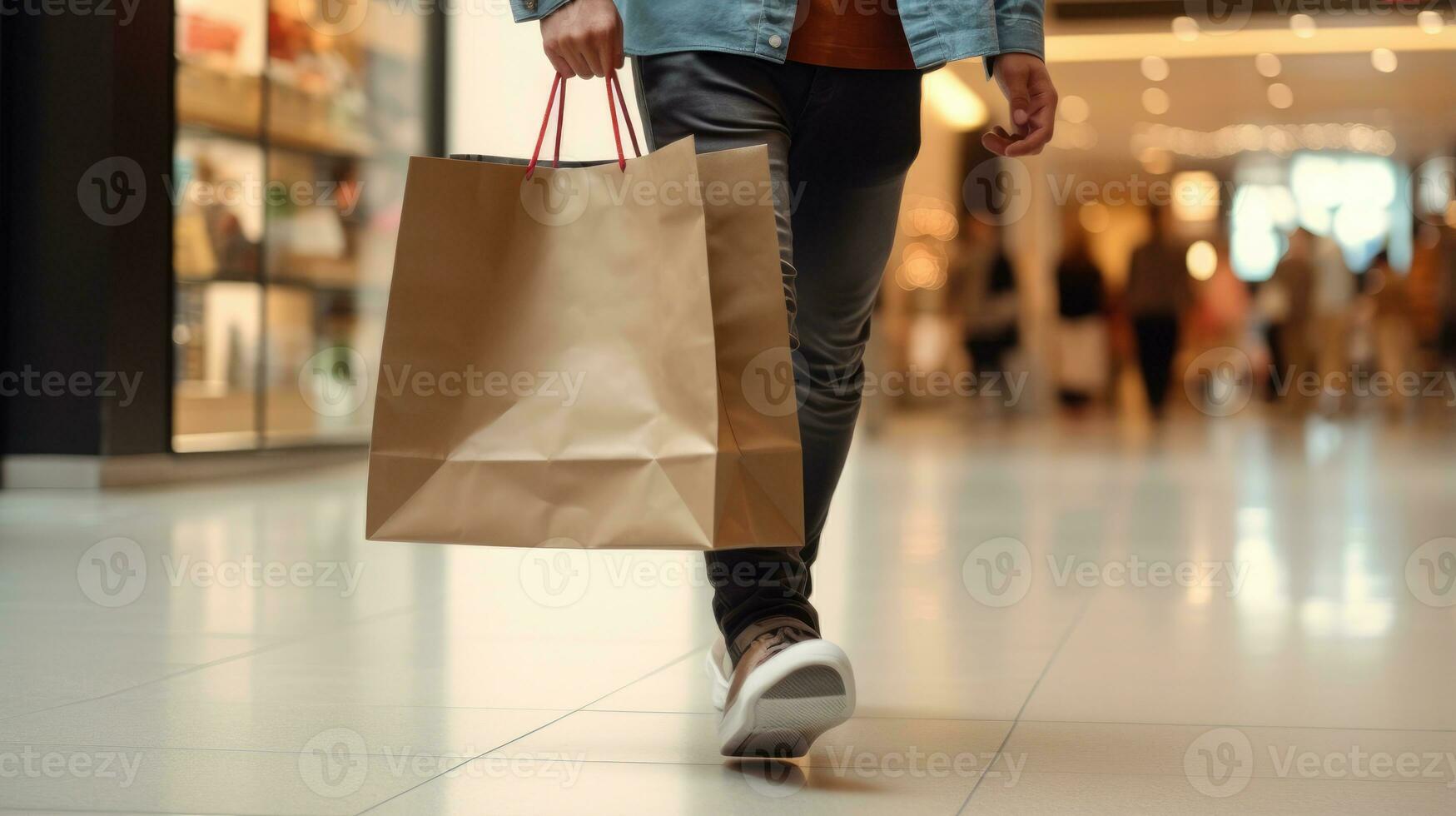 ai generado medio sección de un hombre caminando y compras bolsa de papel en el centro comercial bokeh difuminar antecedentes foto