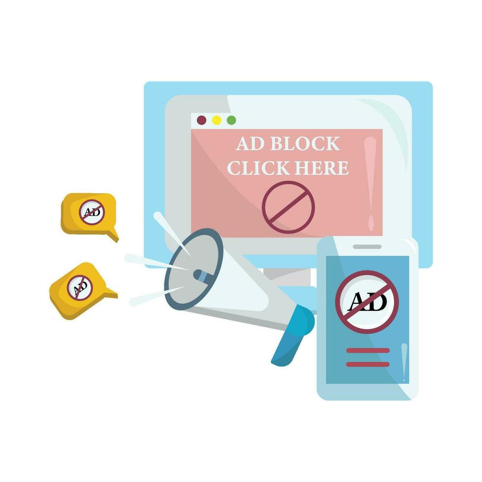 no ads in mobile phone, megaphone with monitor illustration vector