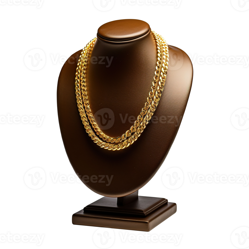 AI generated Gold necklace on a stand isolated. 3d render, Generative Ai png