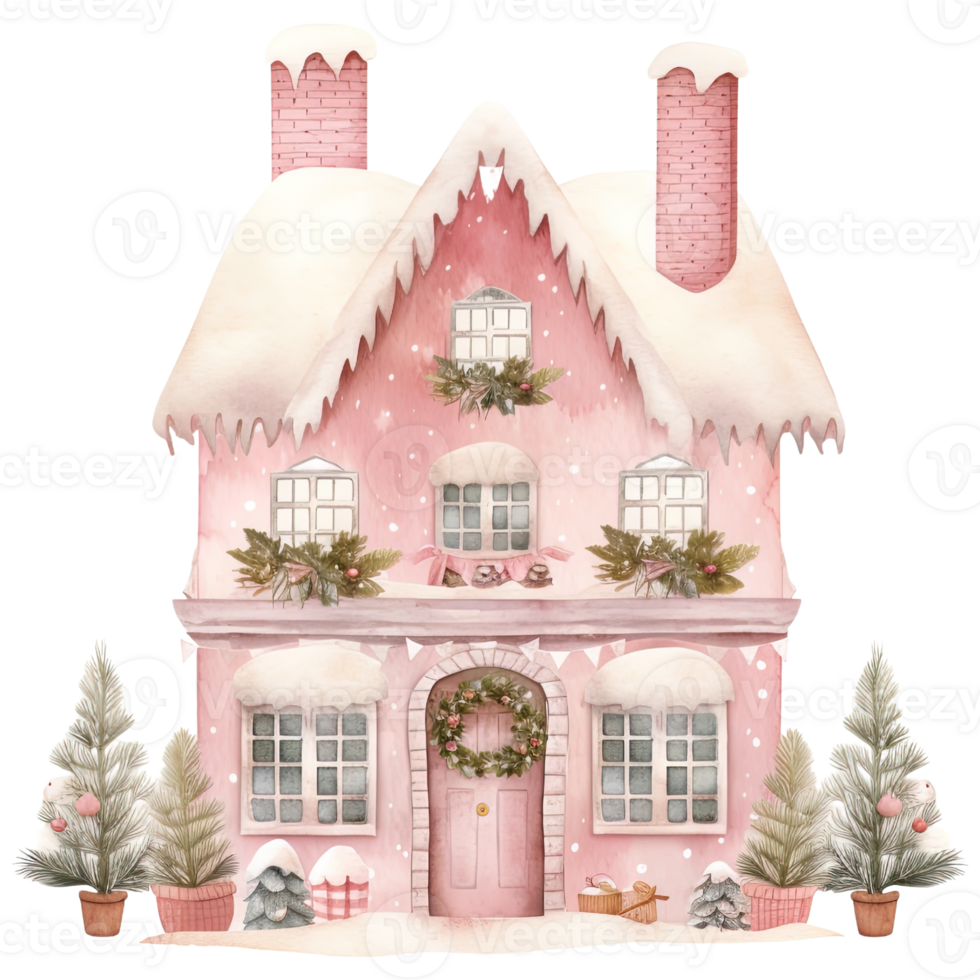 AI generated Cozy Christmas Pink House Clipart in Watercolor ...