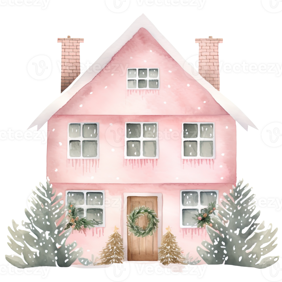 AI generated Cozy Christmas Pink House Clipart in Watercolor, Generative Ai png