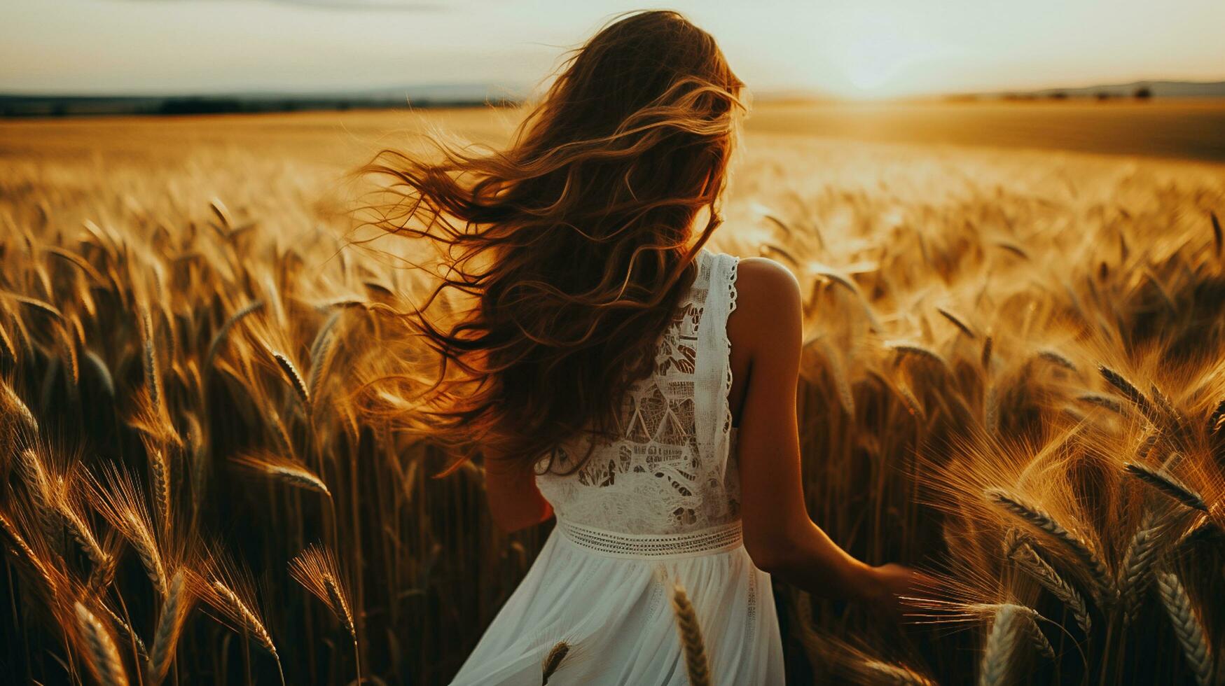 ai generado foto joven hermosa y contento mujer en un blanco vestir en el trigo campo a puesta de sol .ai generado