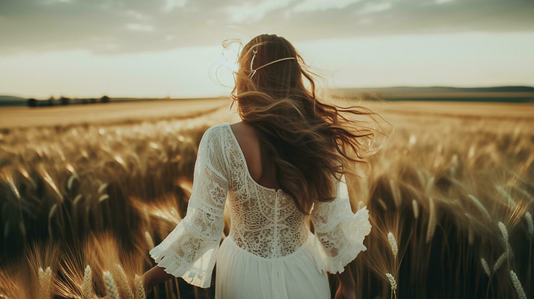ai generado foto joven hermosa y contento mujer en un blanco vestir en el trigo campo a puesta de sol .ai generado