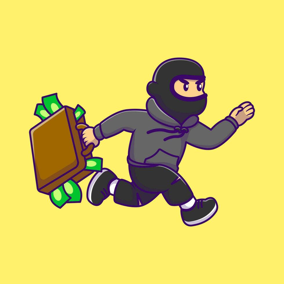 Cute Thieve Running With Briefcase Cartoon Vector Icons Illustration. Flat Cartoon Concept. Suitable for any creative project.