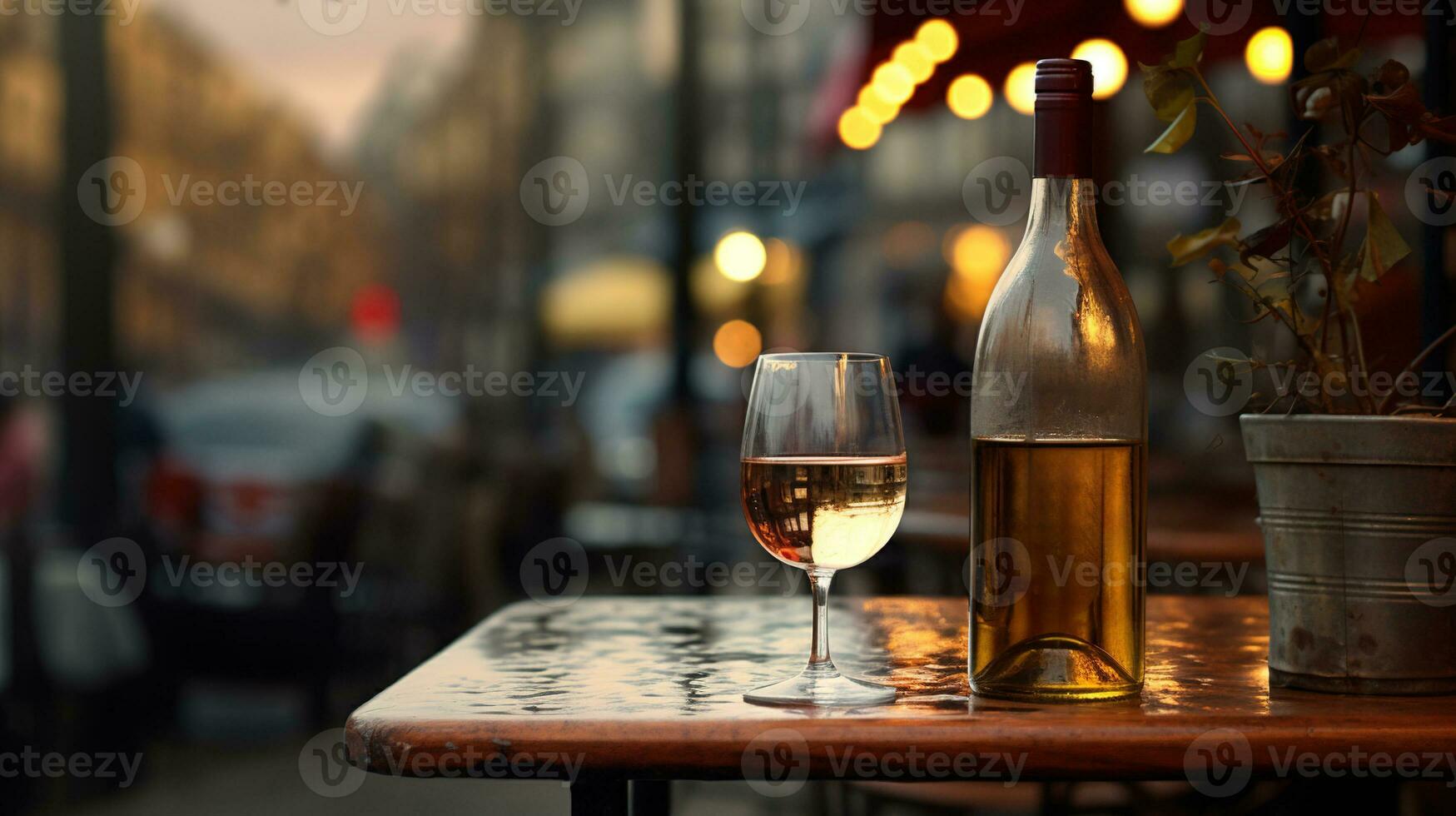 AI generated Generative AI, glass of wine and bottle on wooden table with blur background with lights of street bar, cafe, coffee shop or restaurant, wine mock up photo