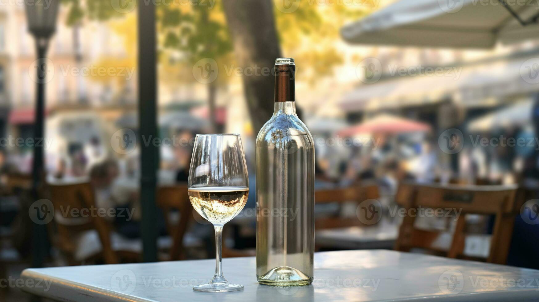 AI generated Generative AI, glass of wine and bottle on wooden table with blur background with lights of street bar, cafe, coffee shop or restaurant, wine mock up photo