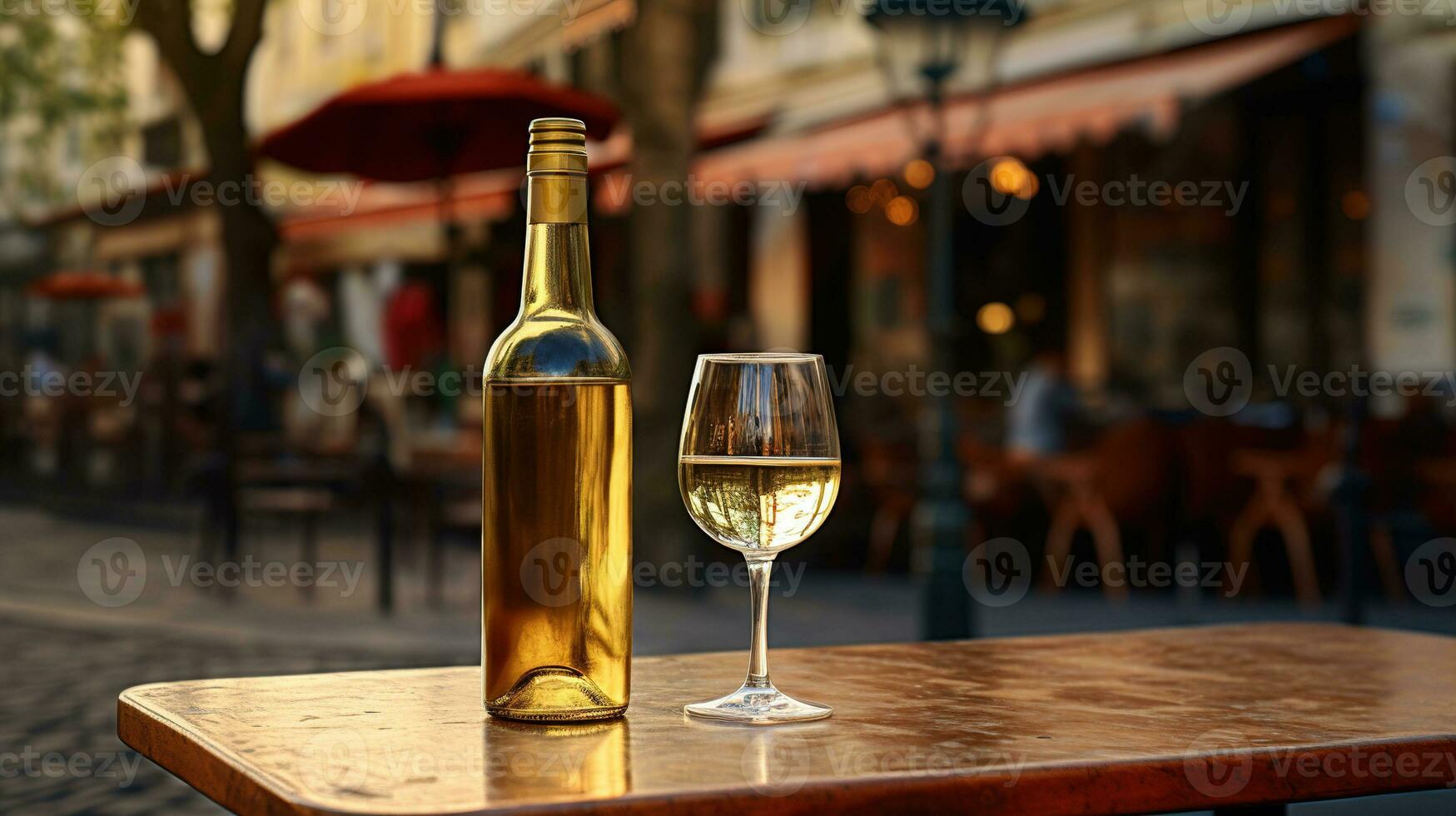 AI generated Generative AI, glass of wine and bottle on wooden table with blur background with lights of street bar, cafe, coffee shop or restaurant, wine mock up photo