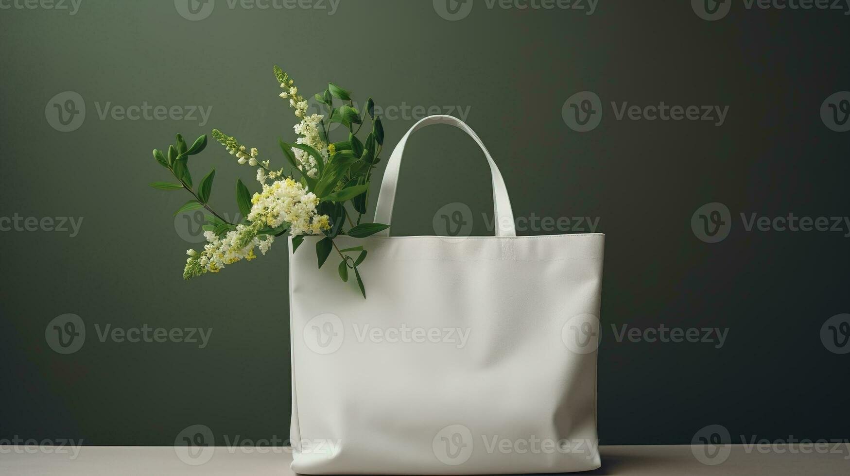 AI generated Generative AI, eco handbag full of flowers, white tote bag mock up on neutral background photo