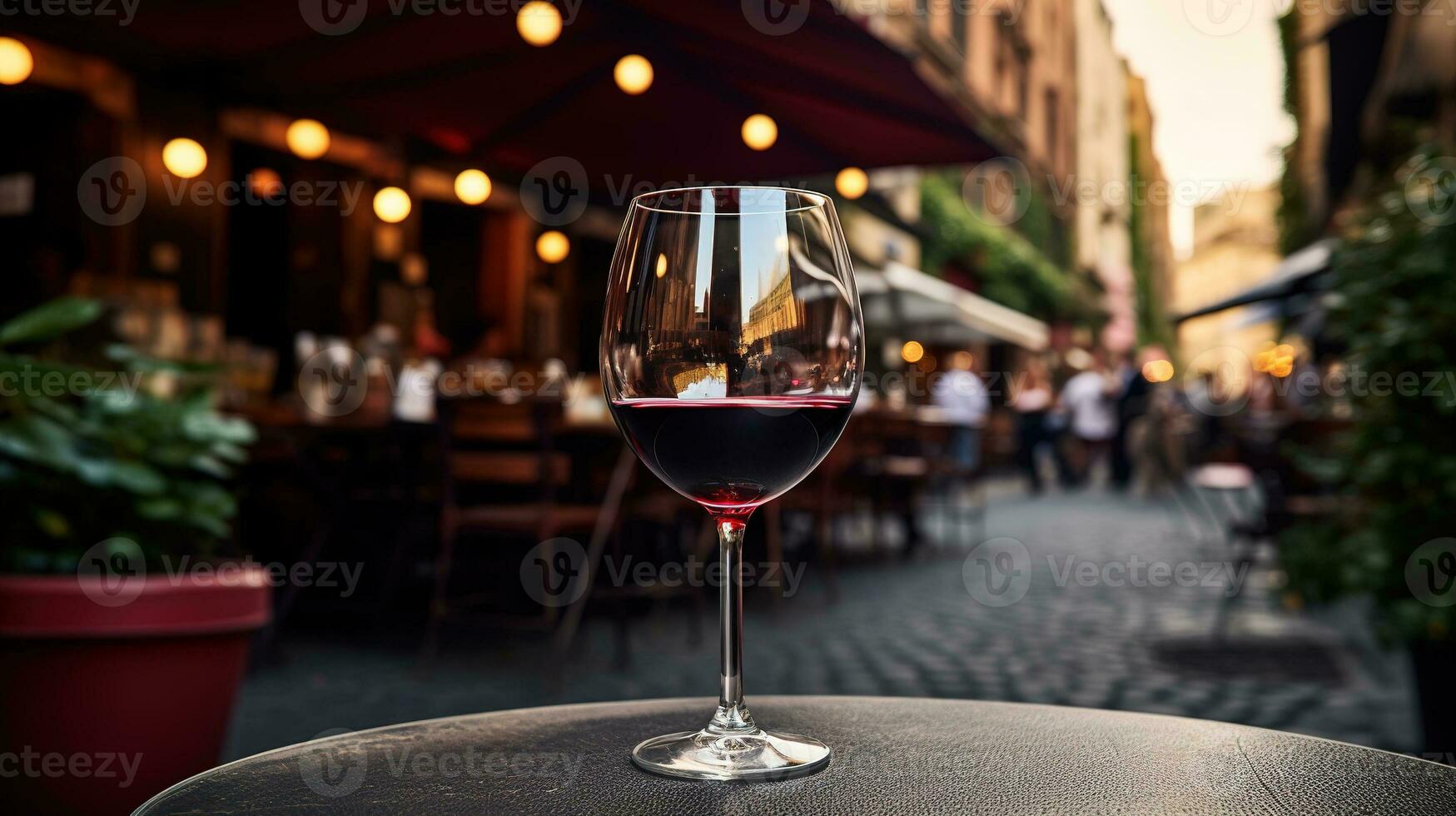 AI generated Generative AI, glass of red wine on wooden table with blur background with lights of street bar, cafe or restaurant photo