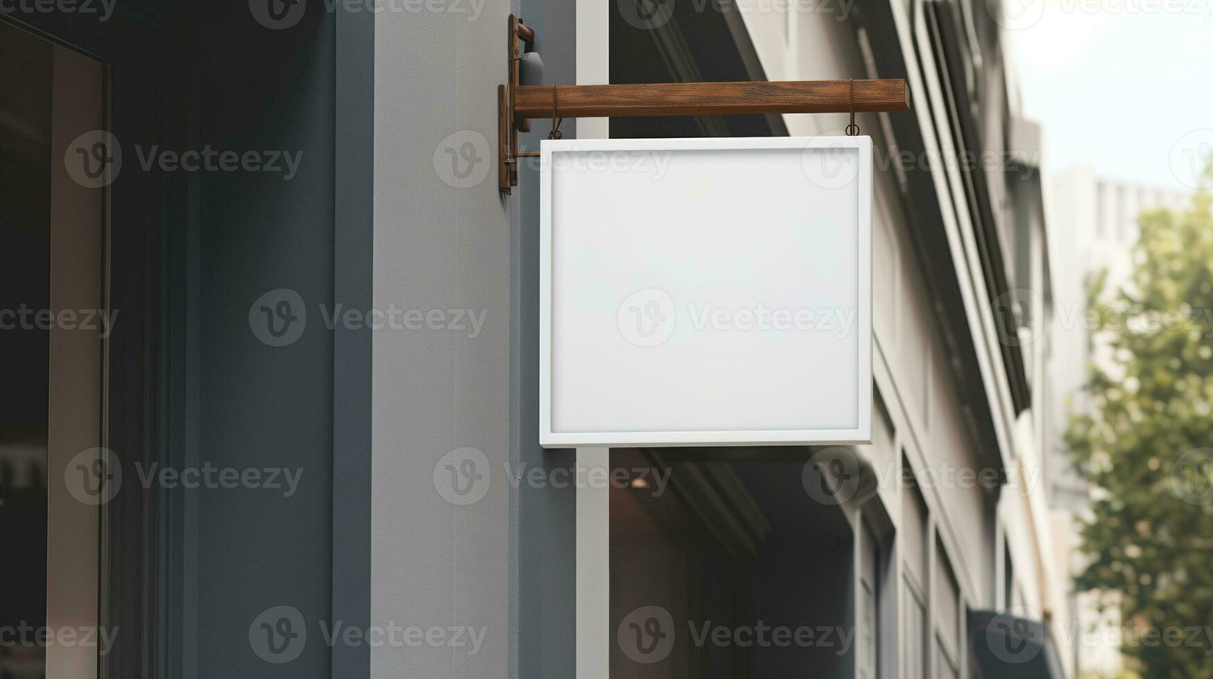 AI generated Generative AI, coffee shop street signboard mock up for logo design, brand presentation, aesthetic muted neutral colors, on the wall outdoor photo