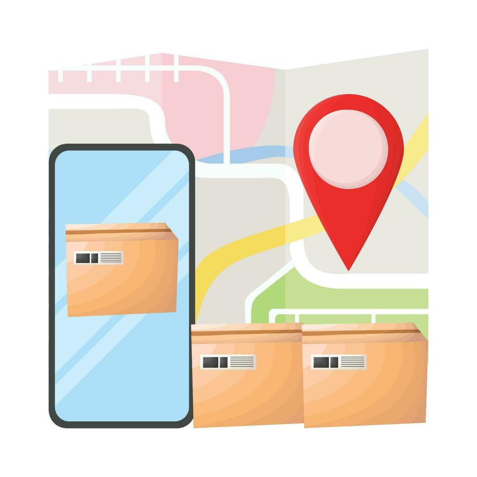 caja, ubicación, caja en móvil teléfono con mapas ilustración vector
