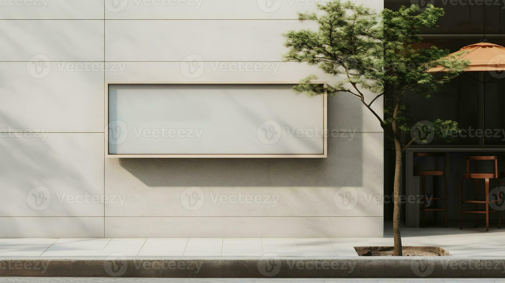 AI generated Generative AI, coffee shop street signboard mock up for logo design, brand presentation, aesthetic muted neutral colors, on the wall outdoor photo