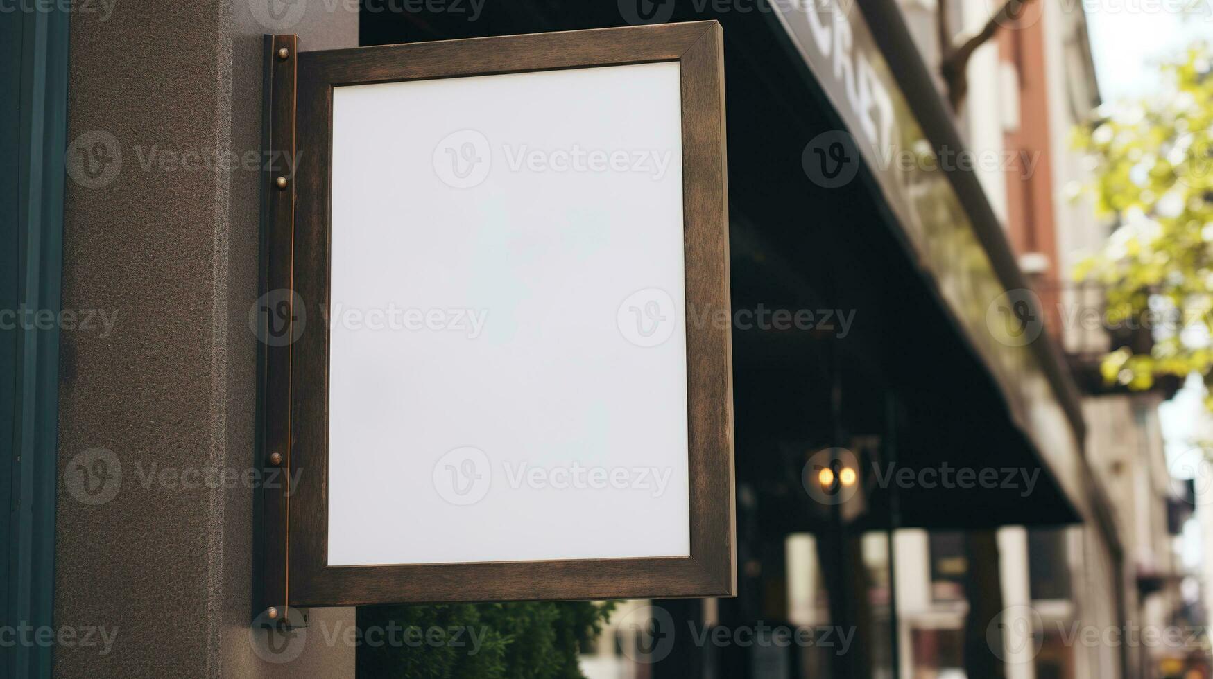 AI generated Generative AI, coffee shop street signboard mock up for logo design, brand presentation, aesthetic muted neutral colors, on the wall outdoor photo