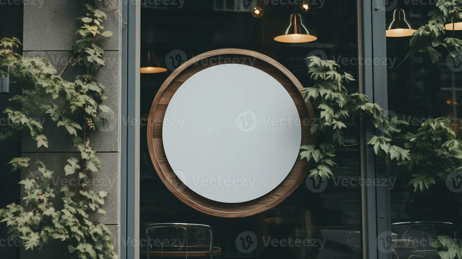 AI generated Generative AI, coffee shop street signboard mock up for logo design, brand presentation, aesthetic muted neutral colors, on the wall outdoor photo