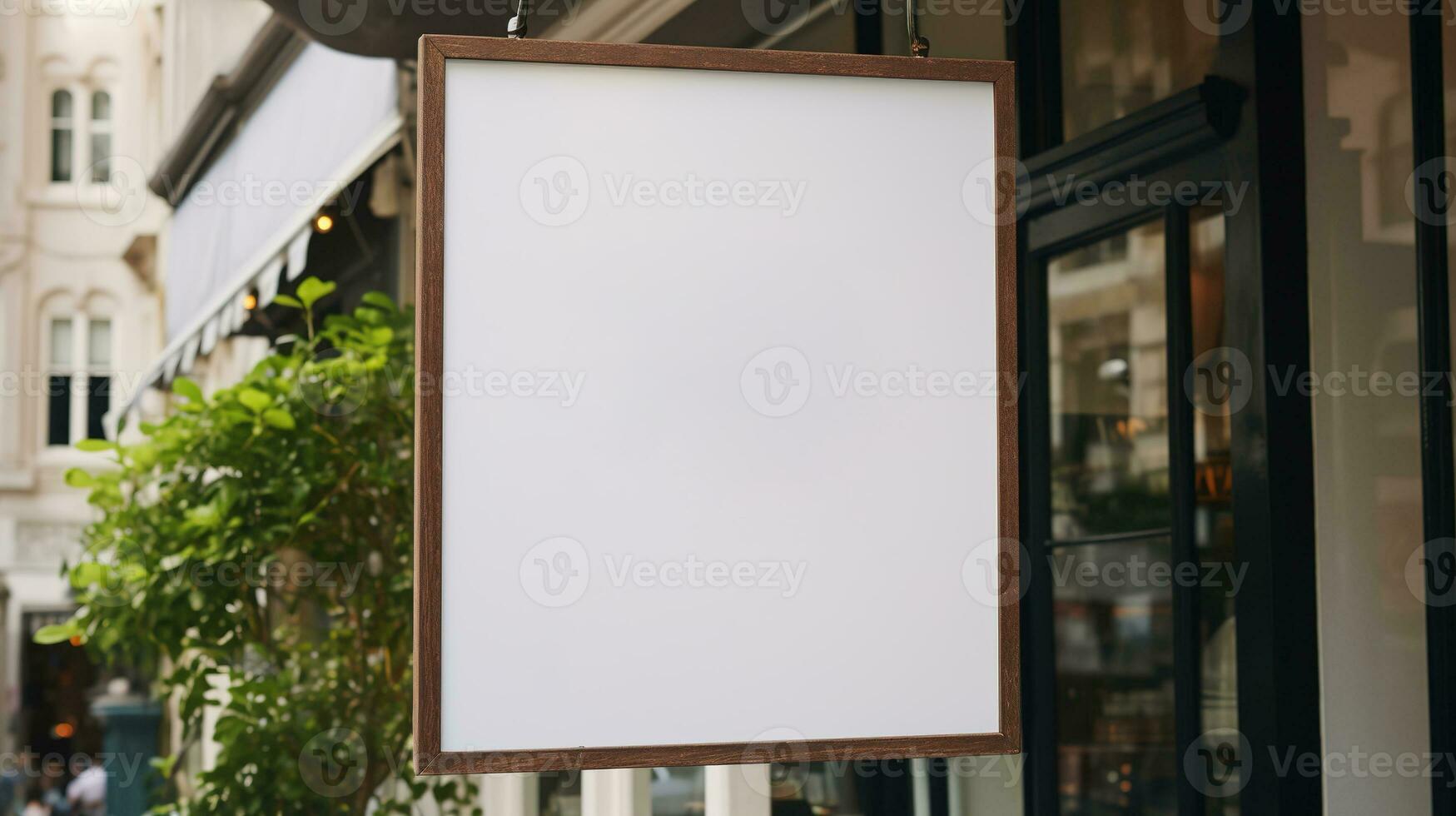 AI generated Generative AI, coffee shop street signboard mock up for logo design, brand presentation, aesthetic muted neutral colors, on the wall outdoor photo