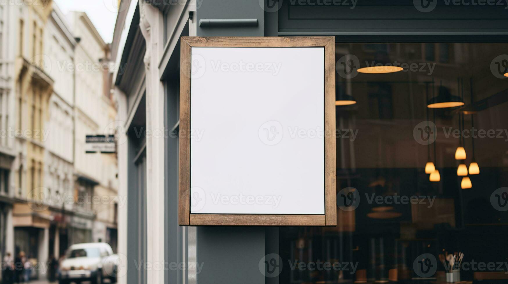 AI generated Generative AI, coffee shop street signboard mock up for logo design, brand presentation, aesthetic muted neutral colors, on the wall outdoor photo
