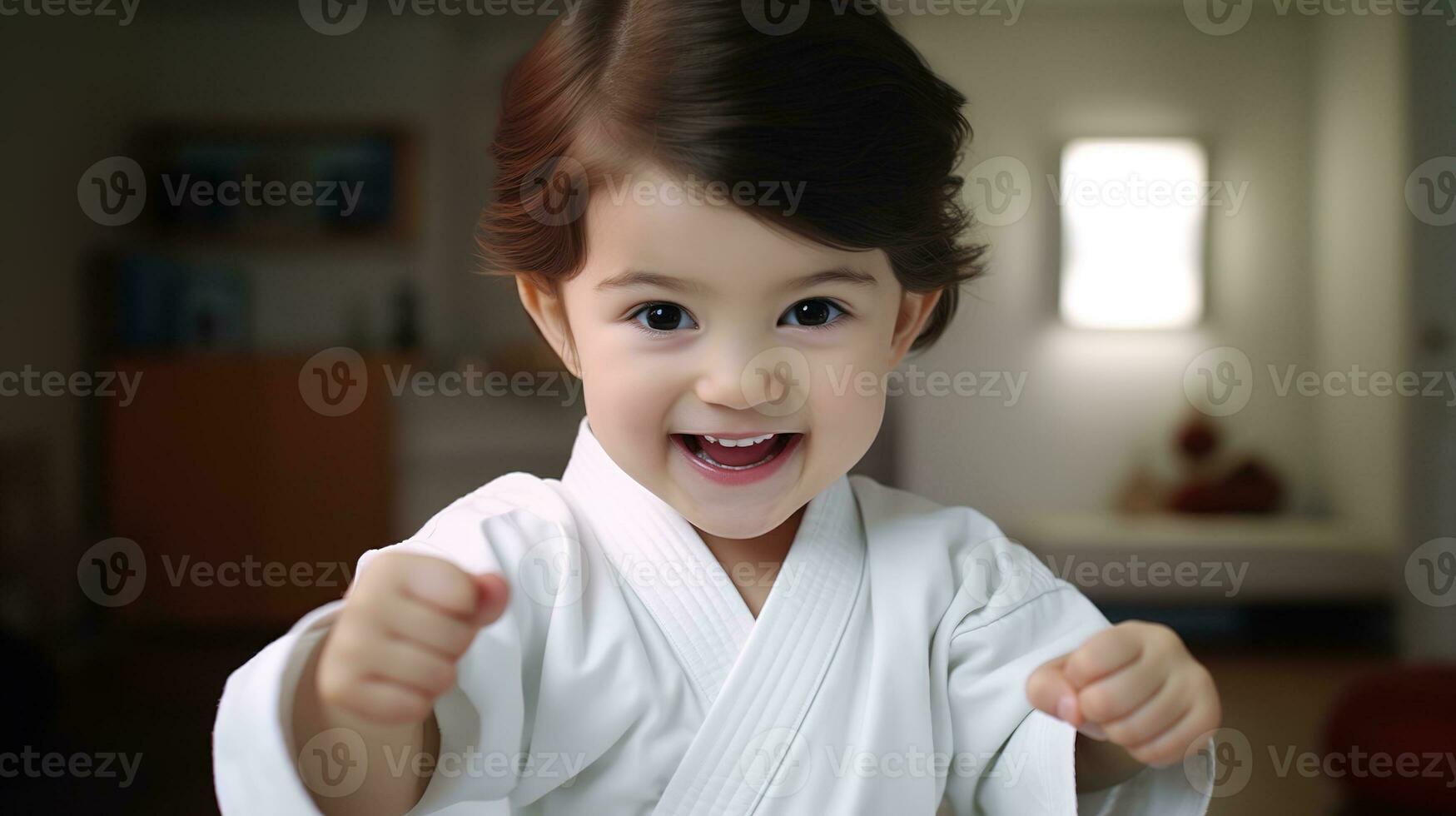 AI generated Generative AI, Child dressed in a white karate kimono, practice taekwondo, karate, judo photo