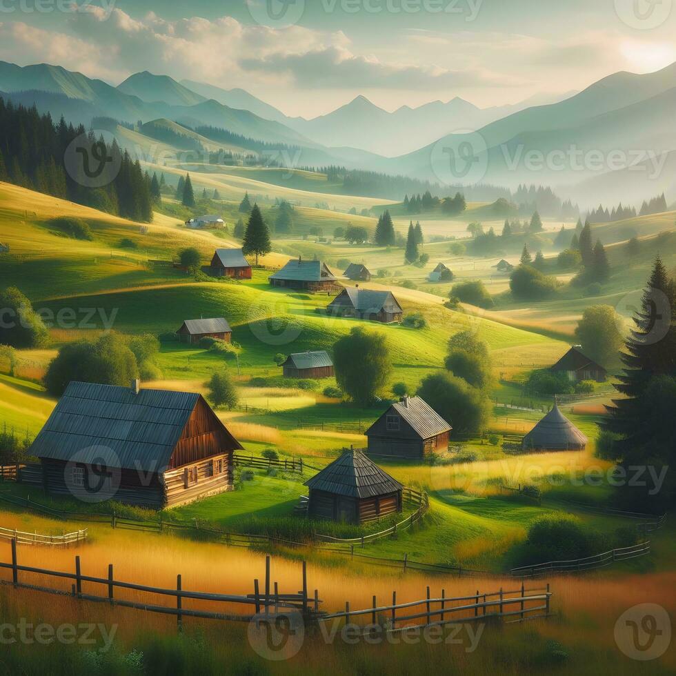 AI generated Countryside peaceful nature landscape, Misty fall afternoon with golden light of the sun, Misty fall golden hour morning in the village photo