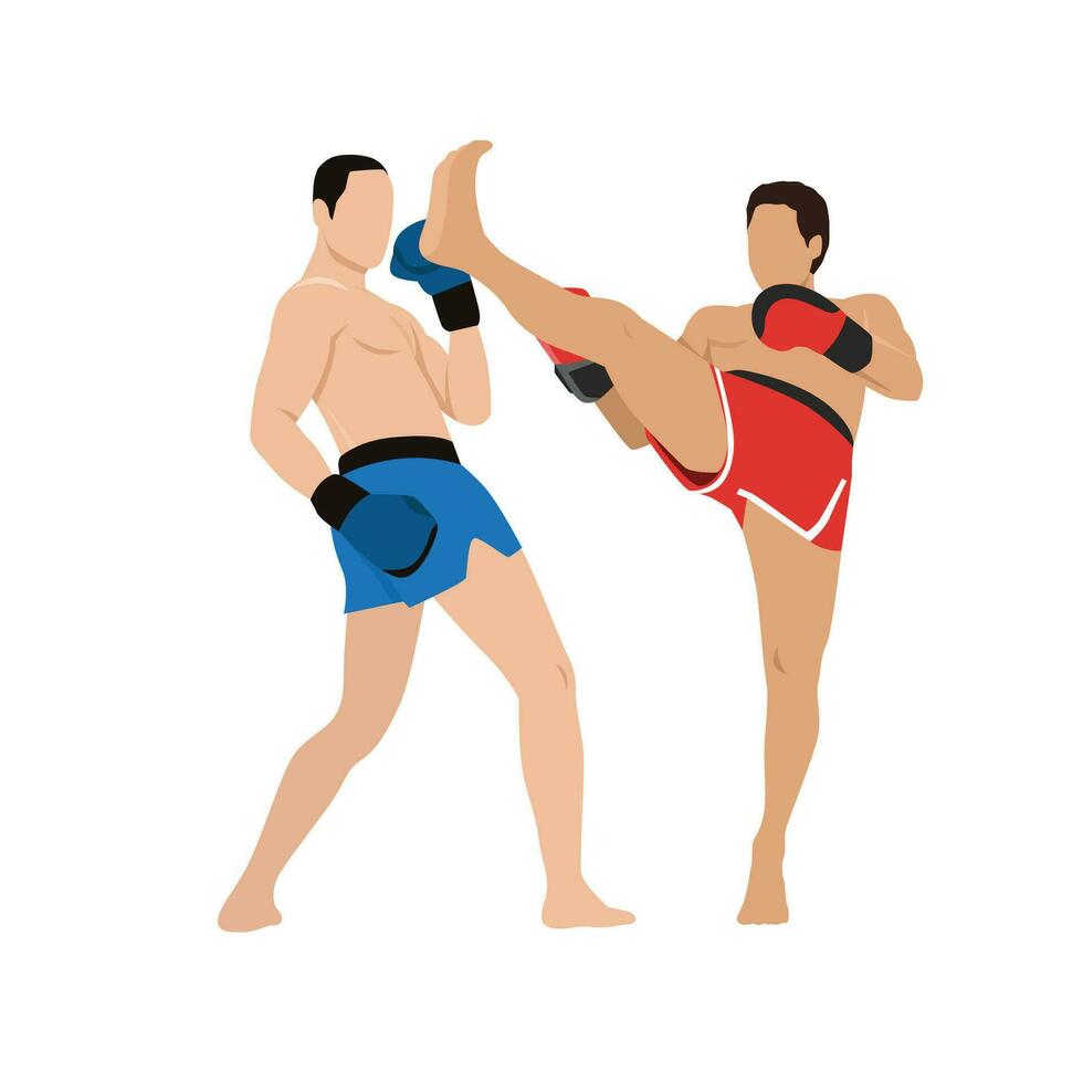 Kickboxing fight, martial art. Kick boxing fighters. Combat sport match. Boxers wrestling tournament. Men athletes in battle competition. vector