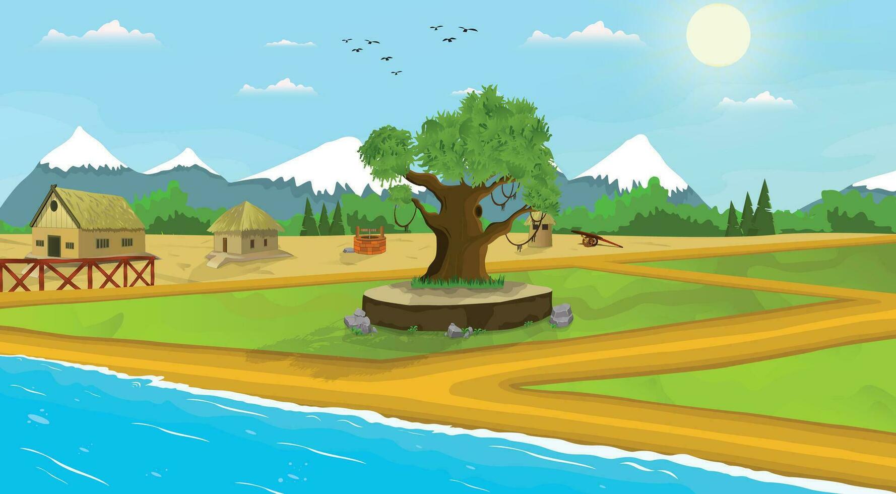 Asia pueblo ilustración dibujos animados antecedentes de verde prados, campo área, granjero casas y rodeado por arboles y montañas. vector