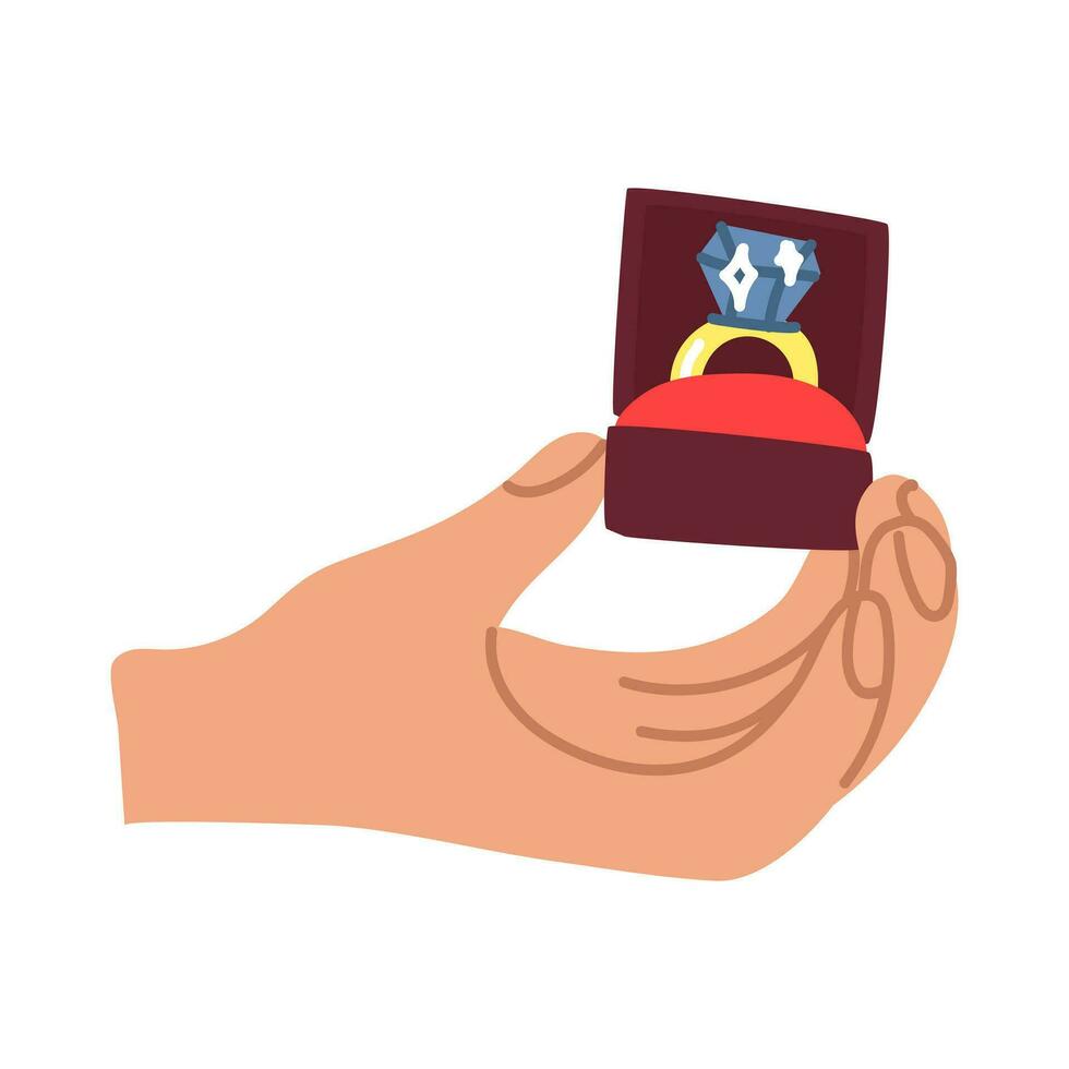 A proposal, a vector illustration of a flat design. A man holds an open box with an engagement ring and diamonds in his hands. One man's hand holds a box