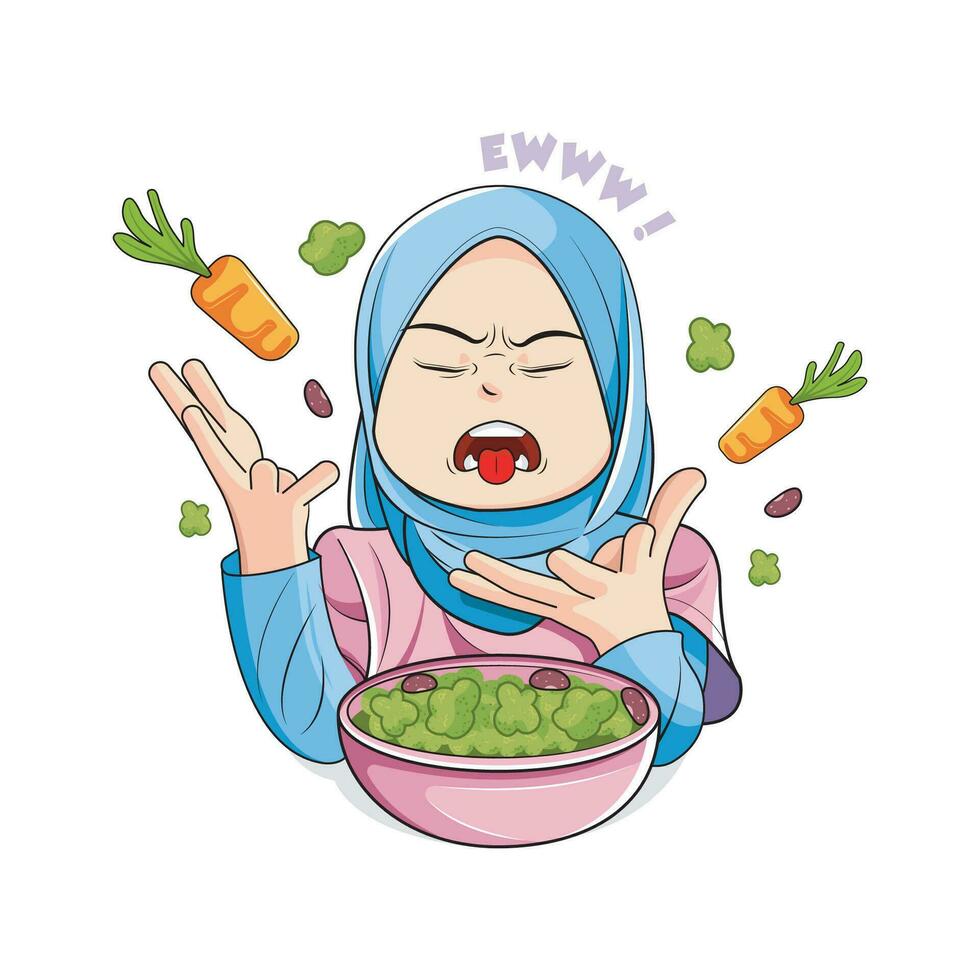 sano alimento. pequeño niña en hijab no me gusta vegetales. vector ilustración
