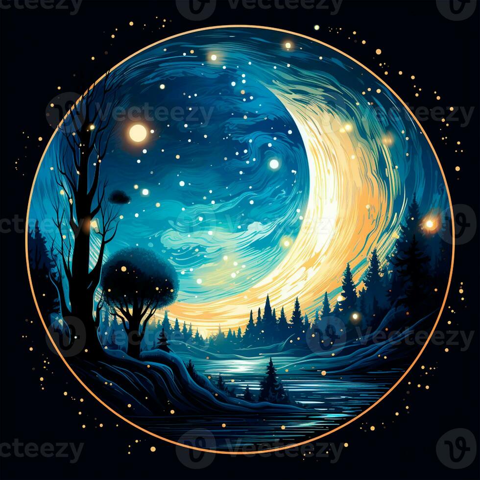 AI generated Moonlit night, beautiful night illustration, night forest - AI generated image photo