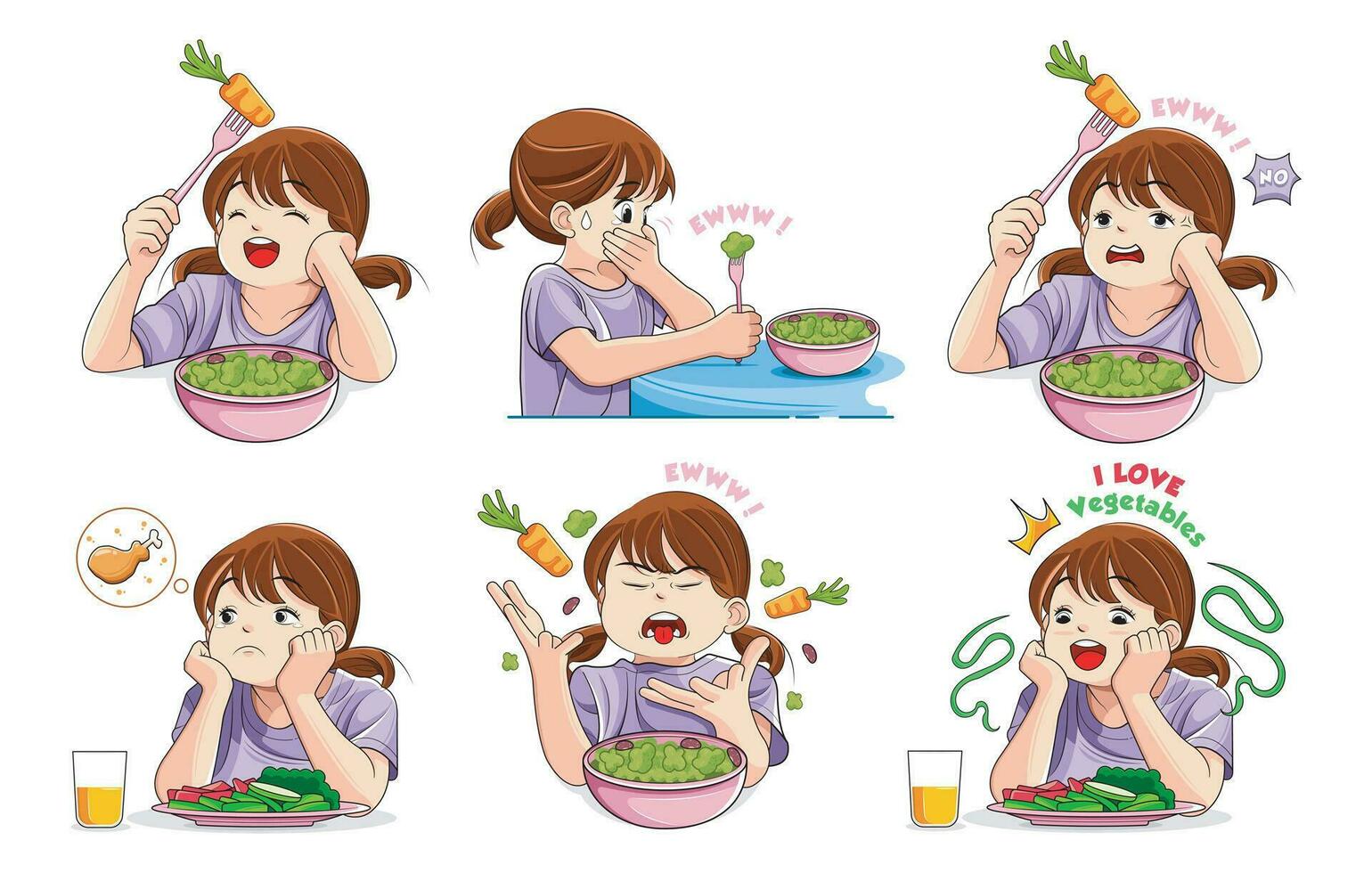 Healthy food. Collection of illustrations of children's expressions eating vegetables vector